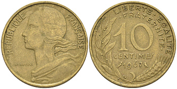 Франция 10 сантимов 1967 тип Marianne KM 929, LE FRANC 144.7 медь алюминий никель 4511-732