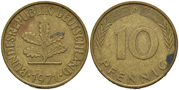 ФРГ 10 ПФЕННИГОВ 1971 D KM 108, J. 383 сталь плакированная латунью 75-633