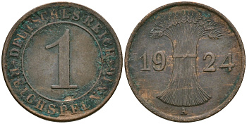 Германия 1 рейхспфенниг 1924 A KM 37, J. 313 бронза 4189-1044