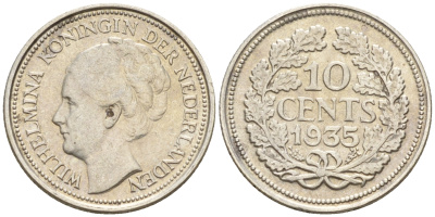 Нидерланды 10 центов 1935 Вильгельмина I (1890-1948) КМ 163 серебро  4160-1234