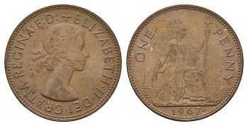 Великобритания 1 пенни 1967 Елизавета II (1952-2022) KM 897, Spink 4157 бронза 221-1032