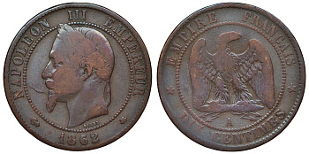 Франция 10 сантимов 1862 А, Наполеон III (1852-1870) KM 798.1, Le Franc 134.5 бронза 4123-321