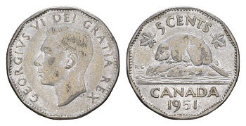 Канада 5 центов 1951 Георг VI (1936-1952), бобр KM 42a хромированная сталь 4630-656