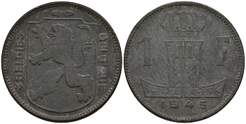 Бельгия 1 франк 1945 Belgie - Belgique, Леопольд III (1934-1947), германская оккупация, Вторая мировая война KM 128 цинк 4161-552