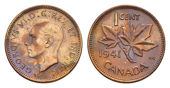 Канада 1 цент 1941 Георг VI (1936-1952), кленовый лист KM 32 бронза 4639-255