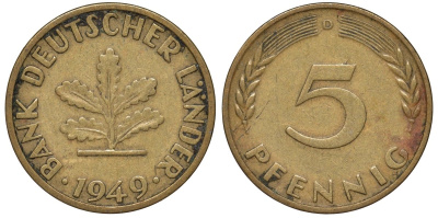 ФРГ 5 пфеннигов 1949 D KM 102 сталь плакированная бронзой 4174-469