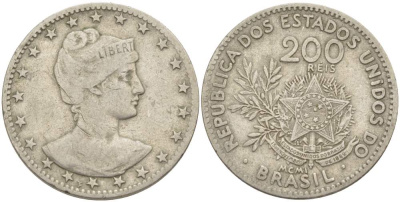 БРАЗИЛИЯ 200 РЕЙС 1901 ГОЛОВА СВОБОДЫ ВПРАВО, РИМСКАЯ НУМЕРАЦИЯ ДАТЫ KM 504 медно-никель 4529-551