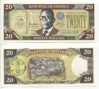 ЛИБЕРИЯ 20 ДОЛЛАРОВ 1999 Pick 23 бумага UNC (ПРЕСС) 6299-18-4