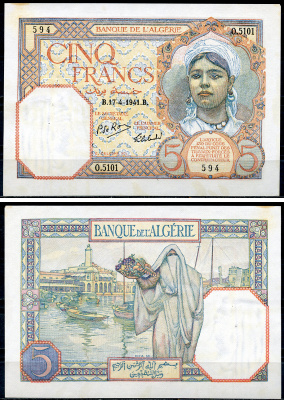 Алжир 5 франков 1941 девушка, 17 апреля 1941 Pick 77 b  бумага  UNC (пресс) 451-1394-1