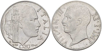 ИТАЛИЯ 20 ЧЕНТЕЗИМО 1941 R, ВИКТОР ИМАНУИЛ, XIX ГОД KM 75b нержавеющая сталь 113-1227