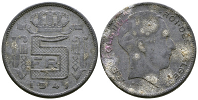 БЕЛЬГИЯ 5 ФРАНКОВ 1941 BELGES, ГЕРМАНСКАЯ ОККУПАЦИЯ, ВТОРАЯ МИРОВАЯ ВОЙНА KM 129.1 цинк 179-822