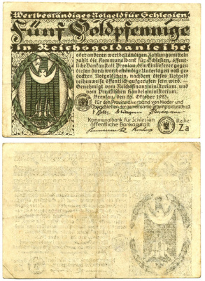 БРЕСЛАУ, СИЛЕЗИЯ 5 ЗОЛОТЫХ ПФЕННИГОВ 1923 НОТГЕЛЬД, 26 ОКТЯБРЯ 1923 бумага 00-00