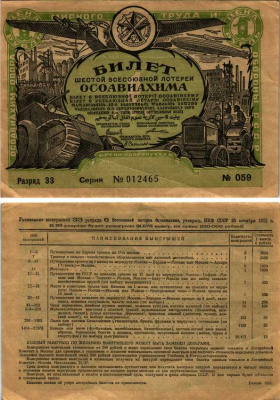 СССР 1 РУБЛЬ 1936 ОДИННАДЦАТАЯ ВСЕСОЮЗНАЯ ЛОТЕРЕЯ ОСОАВИАХИМА бумага 444-152-2