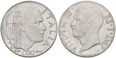 ИТАЛИЯ 20 ЧЕНТЕЗИМО 1941 R, ВИКТОР ИМАНУИЛ, XIX ГОД KM 75b нержавеющая сталь 113-1227