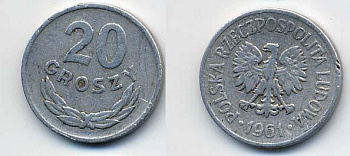 Польша 20 грошей 1961 MW KM А47, Parchimowicz 208b алюминий 35-415