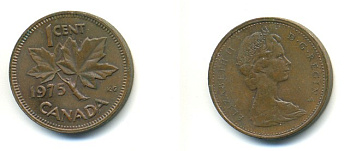 Канада 1 цент 1975 Елизавета II (1952-2022), кленовый лист KM 59.1 бронза 80-734