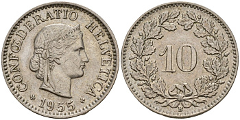 Швейцария 10 раппенов 1955 B KM 27 медно-никель 4189-348