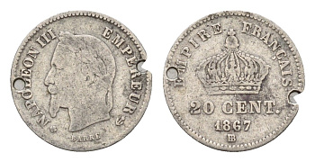 Франция 20 сантимов 1867 BB, Наполеон III (1852-1870) KM 808.2 серебро 4164-145