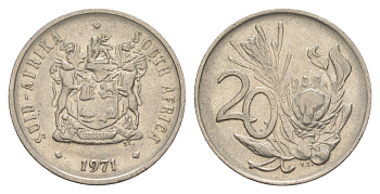 ЮАР 20 центов 1971 герб, цветок протея KM 86 никель 4603-943