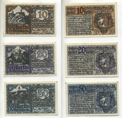 Австрия набор из 3 банкнот 1920 17 апреля 1920-1 сентября 1920, нотгельд, 10, 20, 50 геллеров, ST. MARTIN im MUHLKREIS   бумага  aUNC  7555-2-2-1