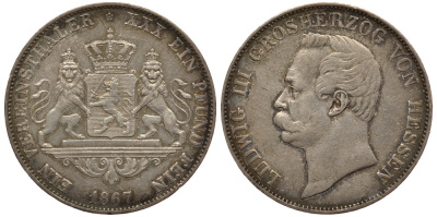 Гессен-Дармштадт 1 талер 1867 Людвиг III (1848-1877) КМ 338, AKS 120, Dav. 707, Kahnt 266, Thun 200 серебро 00-822-47