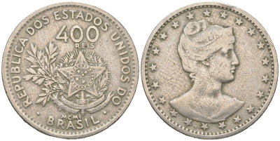 Бразилия 400 реалов 1901 MCMI, голова свободы вправо KM 505 медно-никель 4612-426