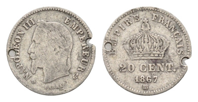 Франция 20 сантимов 1867 BB, Наполеон III (1852-1870) KM 808.2 серебро 4164-145