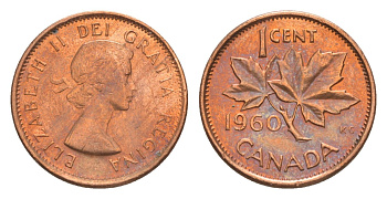 Канада 1 цент 1960 Елизавета II (1952-2022), кленовый лист KM 49 бронза 4639-316