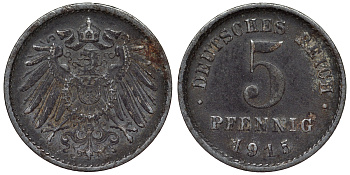 Германия 5 пфеннигов 1915 E KM 19, J. 297, Weege 5 железо 4118-1041