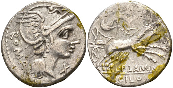 Римская Республика денарий 109 - 108 гг. до н.э. монетарий Л. Фламиний Цилон, ROMA, голова Ромы в шлеме, X (обозначение номинала) / Виктория в биге, FLAMINI CILO, Рим, 3,82 гр Cr. 302/1; Syd. 540 серебро 1073-9-34