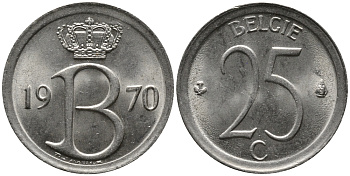 Бельгия 25 сантимов 1970 Belgie, Бодуэн I (1951-1993) KM 154.1 медно-никель 99-357