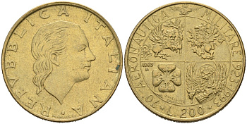 Италия 200 лир 1993 R, 70 ЛЕТ ВОЕННОЙ АВИАЦИИ KM 155 алюминиевая бронза 4573-825