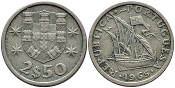 Португалия 2,5 эскудо 1965 парусник KM 590 медно-никель 4396-137