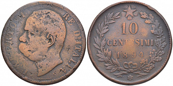 Италия 10 чентезимо 1894 B/I, Умберто I (1878-1900) KM 27.1 медь 114-612