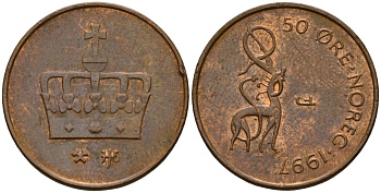 Норвегия 50 эре 1997 Харальд V (1991- ) KM 460 бронза 4154-823