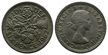 Великобритания 6 пенсов 1962 Елизавета II (1952-2022) KM 903, Spink 4149 медно-никель 4381-758