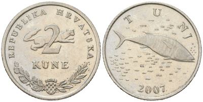 Хорватия 2 куна 2007 тунец, легенда на хорватском KM 10 медь цинк никель aUNC 4383-911