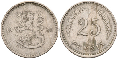 ФИНЛЯНДИЯ 25 ПЕННИ 1926 S KM 25 медно-никель 192-1153