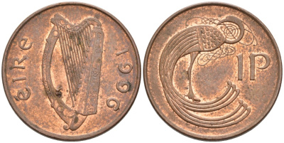 Ирландия 1 пенни 1996 птичка KM 20а сталь плакированная медью 92-215