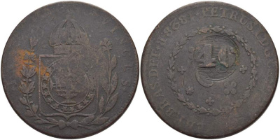 Бразилия 40 рейс 1835 провинция ICO, надчеканка на 80 рейсах 1828R Педро I KM 444.1 медь    4527-1031