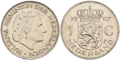 Нидерланды 1 гульден 1967 Юлиана (1948-1980) KM 184а никель 00-00