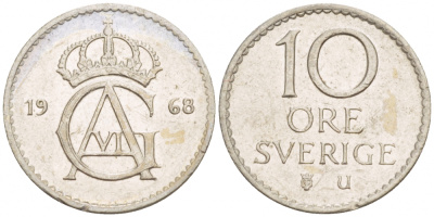 Швеция 10 эре 1968 U Густав VI Адольф (1950-1973) KM 835 медно-никель 4547-1059