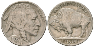 США 5 центов 1935 S, индеец, бизон KM 134 медно-никель 4614-1224