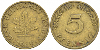 ФРГ 5 ПФЕННИГОВ 1949 F KM 102, J. 377 сталь плакированная латунью 4532-612