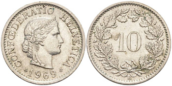 ШВЕЙЦАРИЯ 10 РАППЕНОВ 1969 В KM 27 медно-никель 55-421
