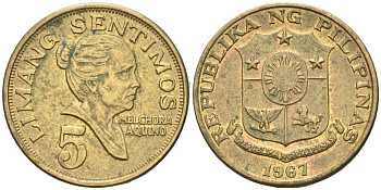 Филиппины 5 сентимо 1967 Мельхора Акино де Рамос KM 197 латунь 4588-827