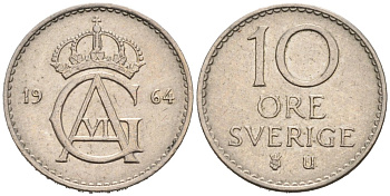 Швеция 10 эре 1964 Густав VI Адольф (1950-1973) KM 835 медно-никель 4564-245