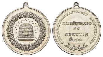 Германия медаль в память о выставке пчеловодов в Штеттине 1889 диаметр 30 мм, вес 8,26 гр белый металл 1515-1323