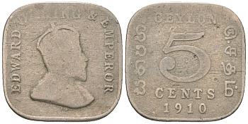 Цейлон 5 центов 1910 Эдуард VII (1901-1910) KM 103 медно-никель 4114-112