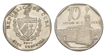 Куба 10 сентаво 2000 форт в Гаване Ла-Фуэрса KM 576.2, JMA MC20, Schoen 714 сталь плакированная никелем 4644-746
